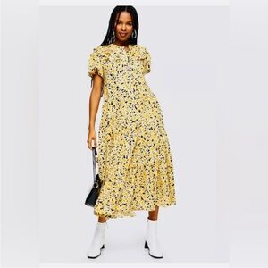 Topshop Yellow Daisy Floral Tiered Midi Dress Sz 10